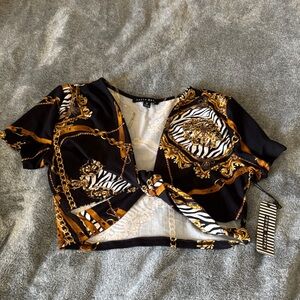 Haute Monde Black and Gold Chain Print Crop Top